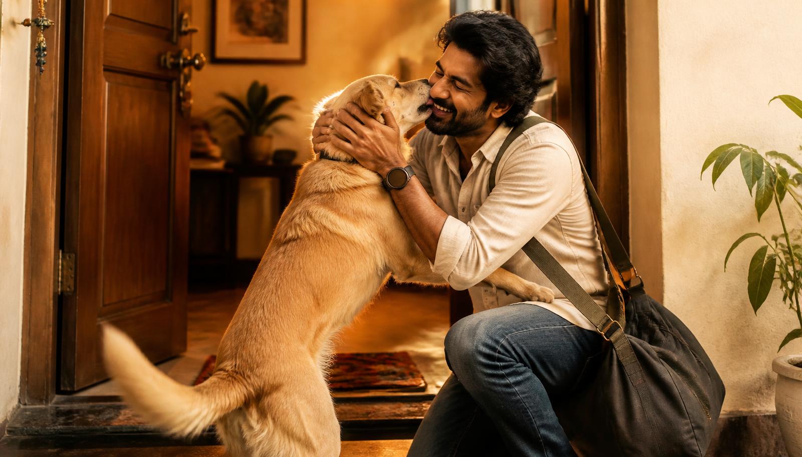 A dog jumping up to greet its owner at the front door of a home