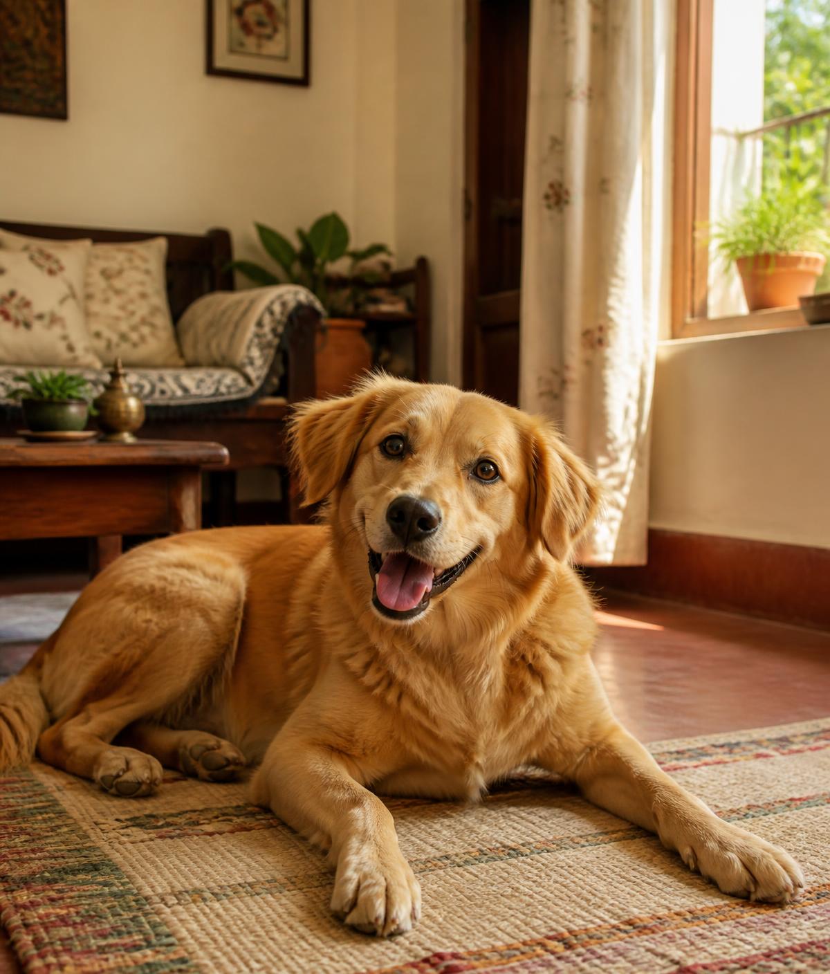 A golden dog resting on a rug in a sunlit Delhi home