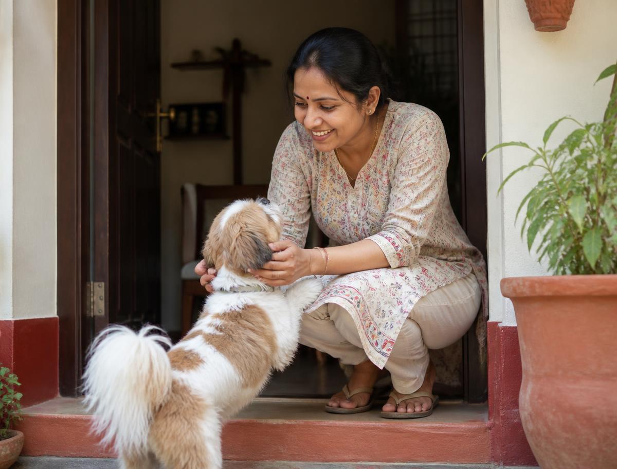 A host greeting a small dog at her front door